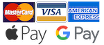 Εικόνα που δείχνει τις διάφορες μεθόδους πληρωμής που γίνονται δεκτές σε έναν ιστότοπο, συμπεριλαμβανομένων των Mastercard, Visa, American Express, Apple Pay και Google Pay.
