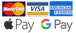 Image montrant les différents modes de paiement acceptés sur un site Web, notamment Mastercard, Visa, American Express, Apple Pay et Google Pay