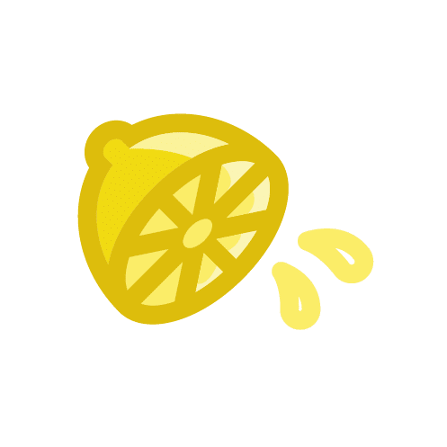 A simple pictogram of a half-cut lemon with two drops of juice, representing the use of fresh lemon juice as an ingredient in cooking and baking