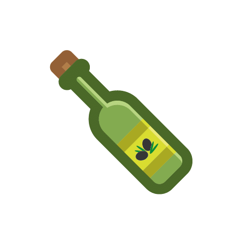 Simple pictogram of an olive oil bottle with two olives on the label and a cork stopper, representing a popular cooking ingredient and condiment used to enhance the flavor and texture of various dishes
