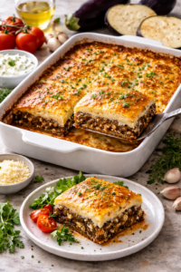 Carré de moussaka grecque maison dans un plat, avec aubergines, viande hachée, béchamel dorée et herbes, accompagné de tomates cerises et persil