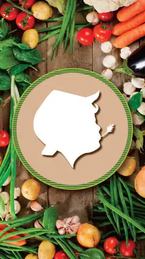 Un logo de la tête de Tom Sawyer, représentant un agriculteur, avec une tige de blé dans la bouche. En arrière-plan, on distingue de nombreuses variétés de légumes sur une planche de bois. Pour Nos producteurs et artisans chez Growy and Tasty - Meilleure épicerie grecque en ligne. Pour Nos producteurs et artisans Chez Growy and Tasty