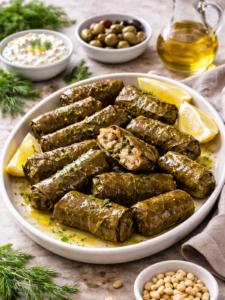 Assiette de dolmades grecs maison farcis au riz et aux herbes, accompagnés de quartiers de citron, olives et sauce tzatziki