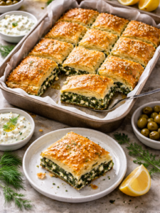 Carrés de spanakopita grecque maison aux épinards et feta, servis avec citron, tzatziki et olives