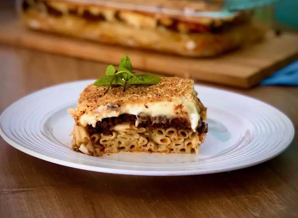 Greek pastitsio on a white plate