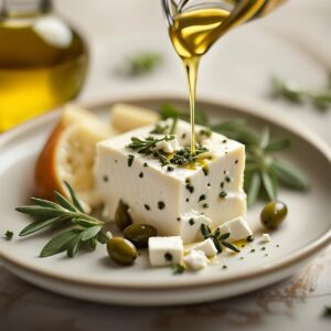 Bloc de feta grecque arrosé d’huile d’olive et garni d’herbes fraîches