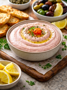 Bol de tarama grec maison rose servi avec quartiers de citron, olives et toasts grillés