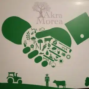 Logo Akra Morea sur fond beige avec texte vert et éléments naturels.