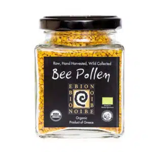 Ebion bee pollen jar with various organic labels