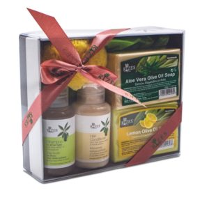 Gift set including shampoo, conditioner, lemon olive oil soap and aloe vera and olive oil soap. Available from Growy and Tasty, the online marketplace for Greek producers.