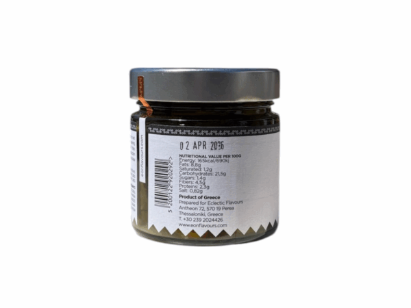 Rear view of EON artisanal dolmades jar - 230 g, with nutritional information