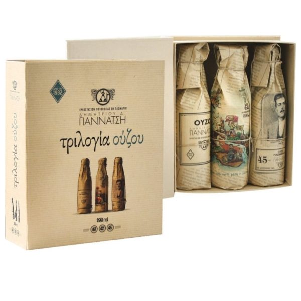 Trilogie grecque d'ouzo - Distillerie Giannatsi (boîte cadeau ouverte, 3 bouteilles de 200 ml)