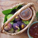 Kalypso fig preserves (handmade, Lesbos island, 380 g, no preservatives, fig jam) with fresh figs in a basket