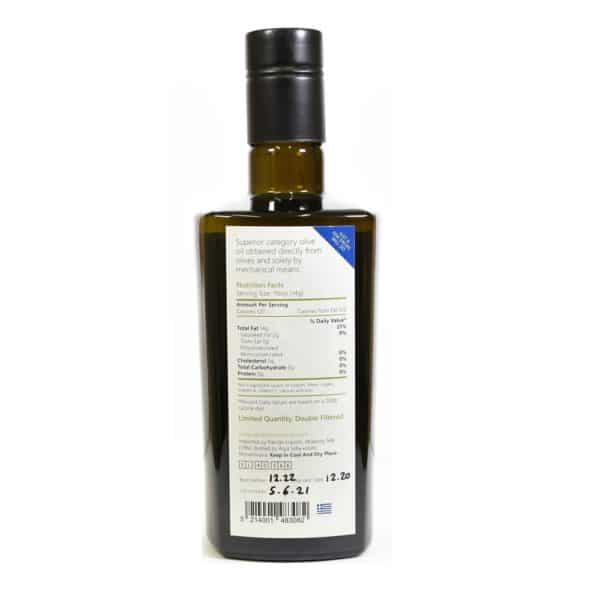 Contre-étiquette de l'huile d'olive extra vierge Legacy avec informations nutritionnelles, ingrédients et histoire
