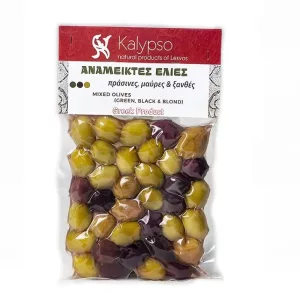 Mixed Lesbos olives (Kalypso, 200g, Lesvos island, green, black, brown)