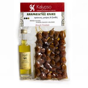 Coffret cadeau mélange d'olives et d'huile d'olive de Lesvos (Kalypso, 240 g, île de Lesvos, mélange d'olives, huile d'olive extra vierge)