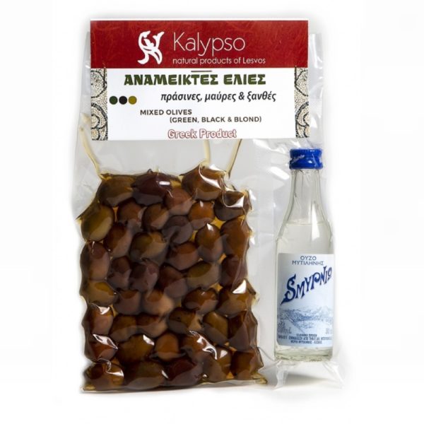 Coffret cadeau olives mélangées et ouzo local (Kalypso, 240 g, île de Lesvos, olives mélangées, ouzo)