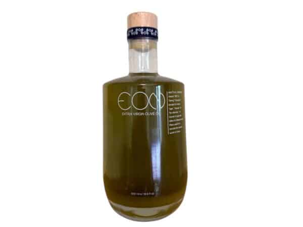 Bouteille de 500 ml d’huile d’olive extra vierge EON avec bouchon en bois.