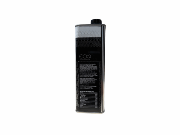 Huile d’olive extra vierge EON 500 ml, vue arrière de la bouteille métallique, production grecque.