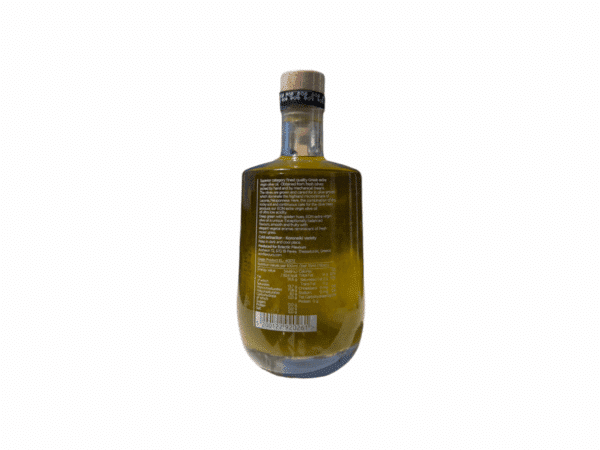 Face arrière de la bouteille en verre de 500 ml d’huile d’olive extra vierge EON, avec texte descriptif et valeurs nutritionnelles