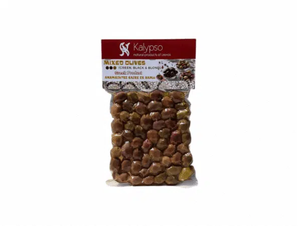 Mélange d’olives grecques Kalypso – 200 g – olives vertes, noires et blondes.