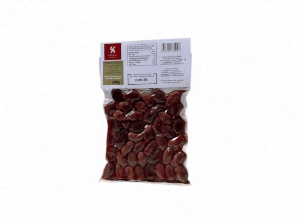 Dos du sachet de 200 g d’olives Kalamata Kalypso en saumure et huile d’olive