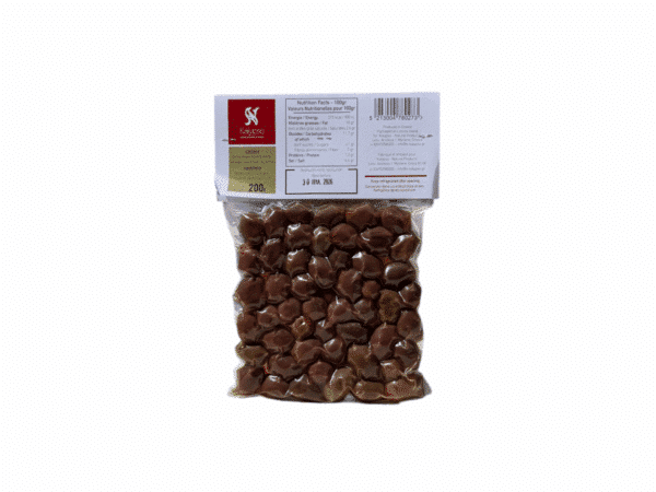 Vue arrière du sachet d’olives grecques Kalypso avec huile d’olive extra vierge et vinaigre – 200 g