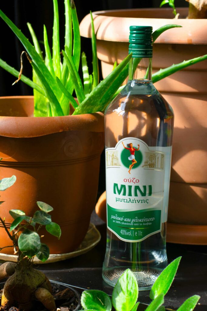 Bouteille d’Ouzo Mini de Mytilène 1L avec plantes en arrière-plan