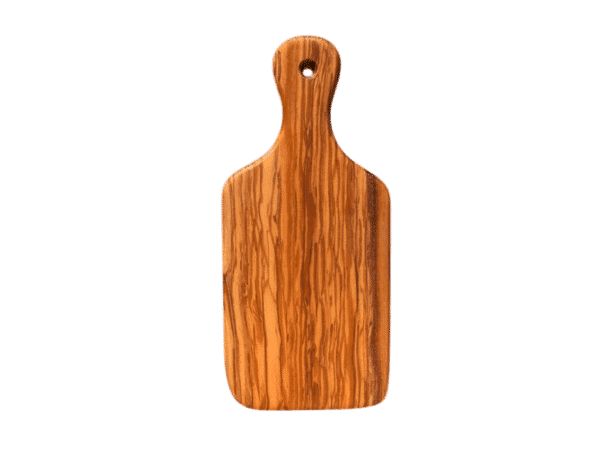 Planche à découper en bois d’olivier de 26 cm, présentée debout, fabriquée à la main par Rizes Wood.