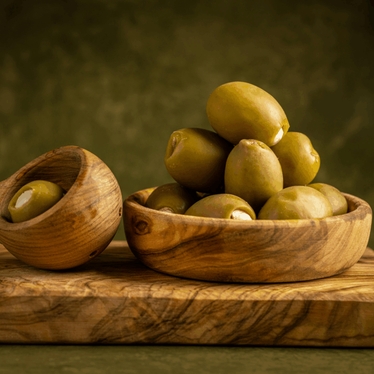 Olives vertes grecques farcies à la feta dans un bol en bois d’olivier