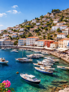 Port de Hydra en Grèce avec bateaux amarrés et maisons sur les collines