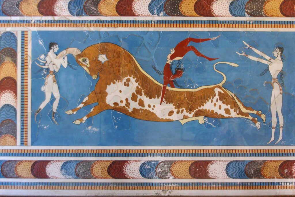 Fresque minoenne du saut au taureau au palais de Knossos en Crète