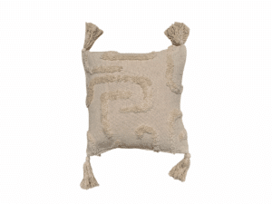 Coussin décoratif beige 45x45 cm avec motifs géométriques et pompons, fabriqué par Rizes Home.