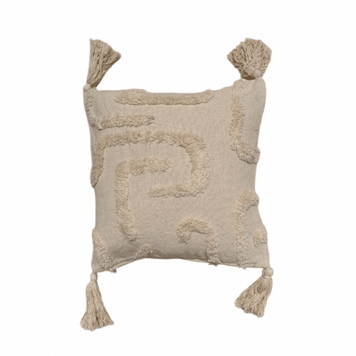 Coussin décoratif beige 45x45 cm avec motifs géométriques et pompons, fabriqué par Rizes Home.