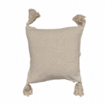Coussin décoratif beige 45x45 cm avec motifs géométriques et pompons, fabriqué par Rizes Home.