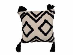 Decorative cushion 45x45 cm beige with black geometric motifs and tassels, made by Rizes Home.