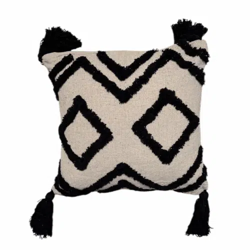 Coussin décoratif 45x45 cm beige avec motifs géométriques noirs et pompons, fabriqué par Rizes Home.