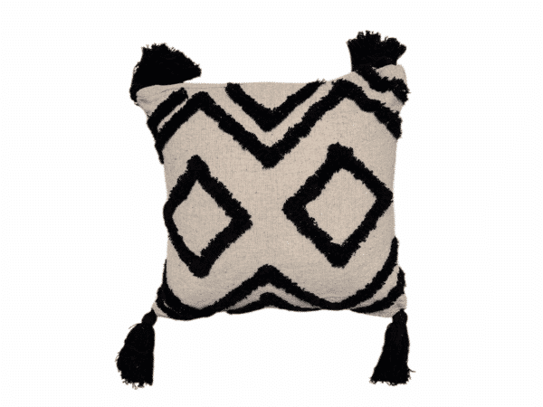 Coussin décoratif 45x45 cm beige avec motifs géométriques noirs et pompons, fabriqué par Rizes Home.