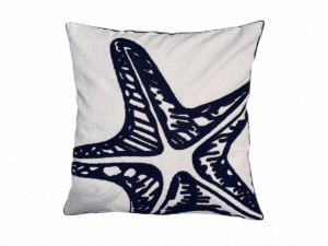Coussin décoratif bleu avec un motif d’étoile de mer.