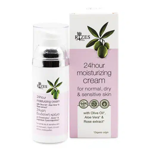 24h moisturizing cream for normal, dry and sensitive skin, with Aloe Vera, olive oil and rose extract, Rizes Crete.