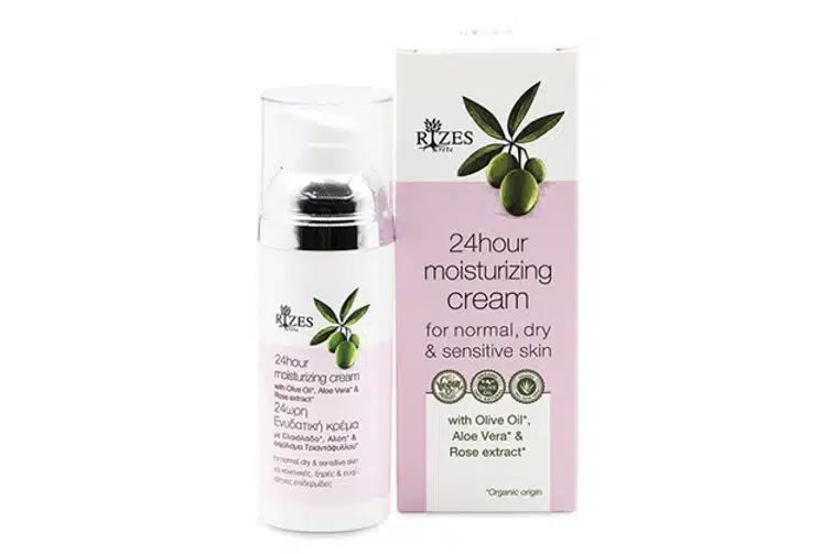 24h moisturizing cream for normal, dry and sensitive skin, with Aloe Vera, olive oil and rose extract, Rizes Crete.