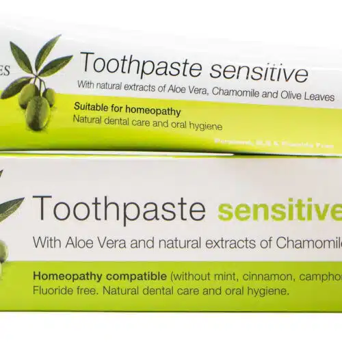 Toothpaste for sensitive gums with Aloe Vera, Chamomile and Olive Leaf, fluoride-free, compatible with homeopathy, Rizes Crete.