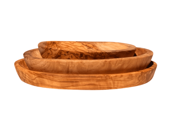 Ensemble de 3 assiettes apéritives ovales en bois d’olivier grec, fabriquées à la main par Rizes Crete