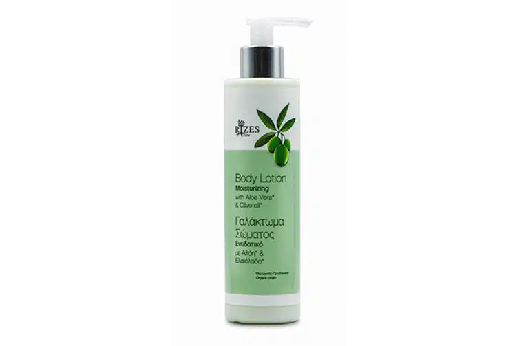 Rizes body lotion, with Aloe Vera and olive oil, for nourished, moisturized skin.