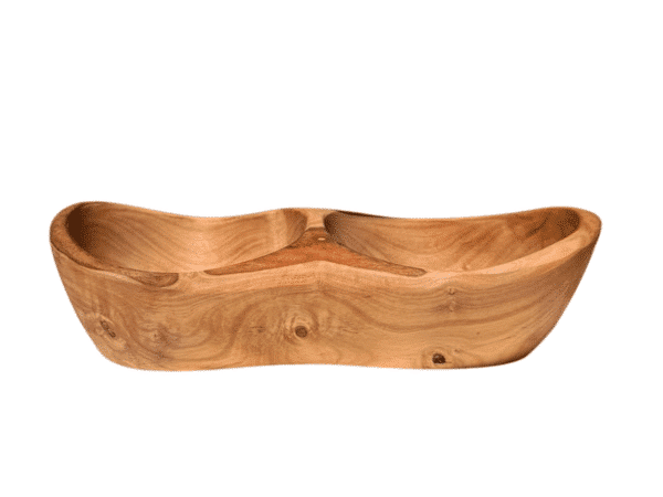 Plat apéritif en bois d’olivier avec 2 compartiments, fabriqué par Rizes Wood.