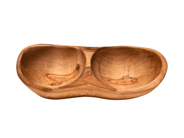 Plat apéritif en bois d’olivier avec 2 compartiments, vue du dessus, fait main par Rizes Wood.