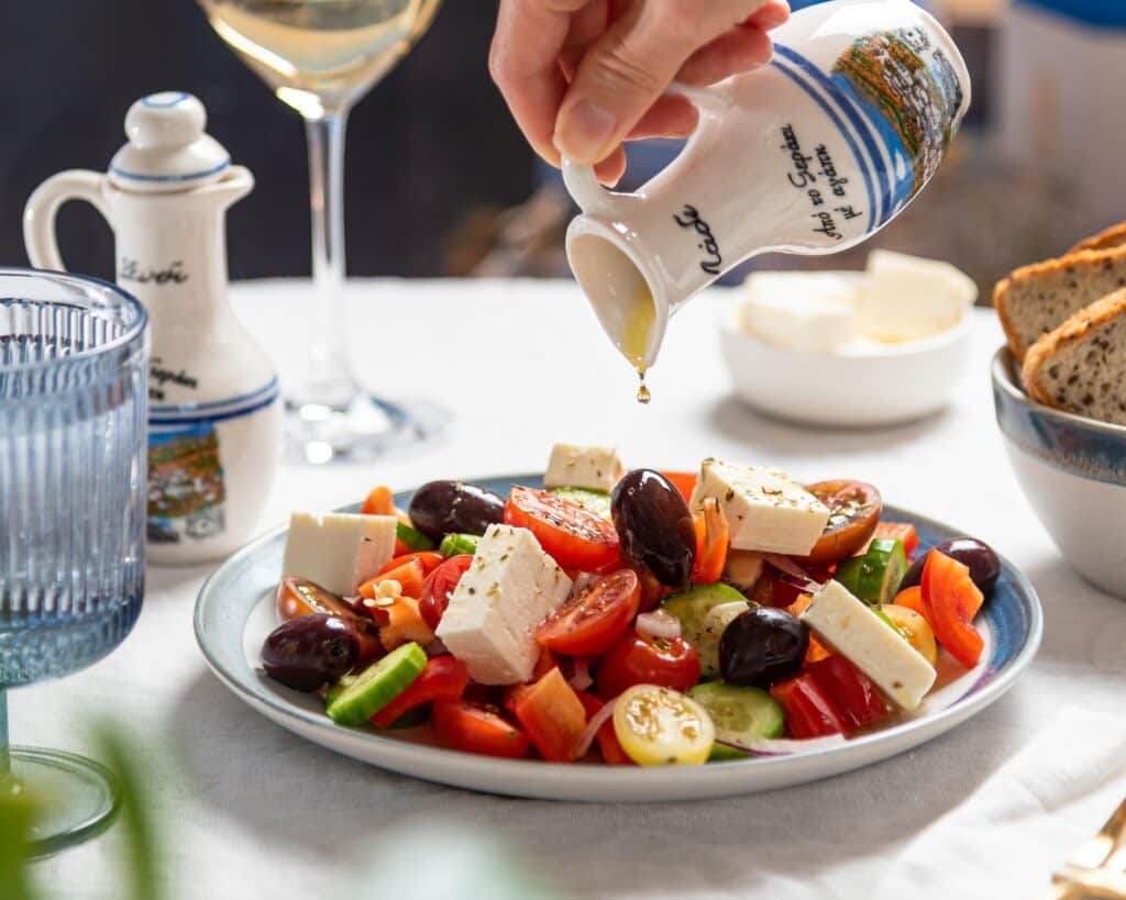 Greek salad seasoned with Greek olive oil.