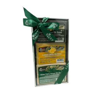 Geschenkset mit 3 handgefertigten Seifen auf Olivenölbasis: Natur, Zitrone und Aloe Vera Rizes Crete, 3 x 100g.