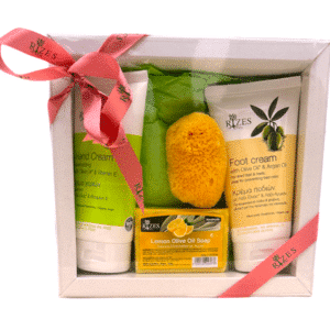 Hand and foot care gift set, including hand cream, foot cream and olive oil and rose soap, by Rizes Crete.