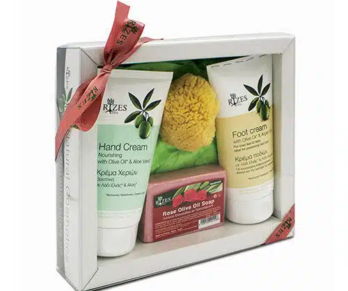 Hand and foot care gift set, including hand cream, foot cream and olive oil and rose soap, by Rizes Crete.